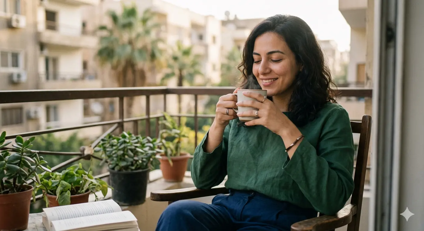 امرأة هادئة تمسك كوب قهوة في ضوء الصباح